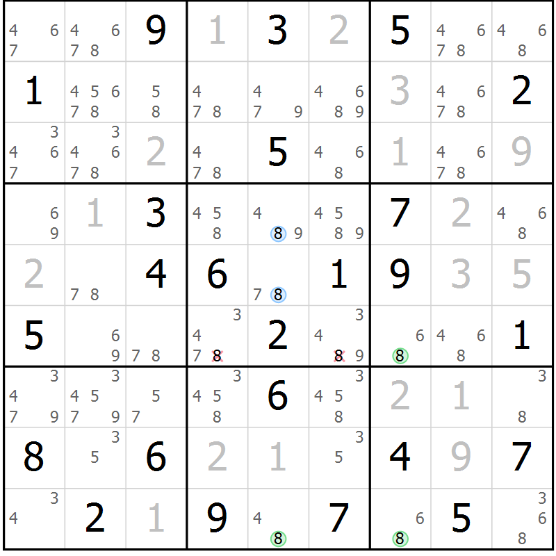 Position des candidats pour la solution de la Gr 74 page 77 du magazine de sudoku Maestro n° 100