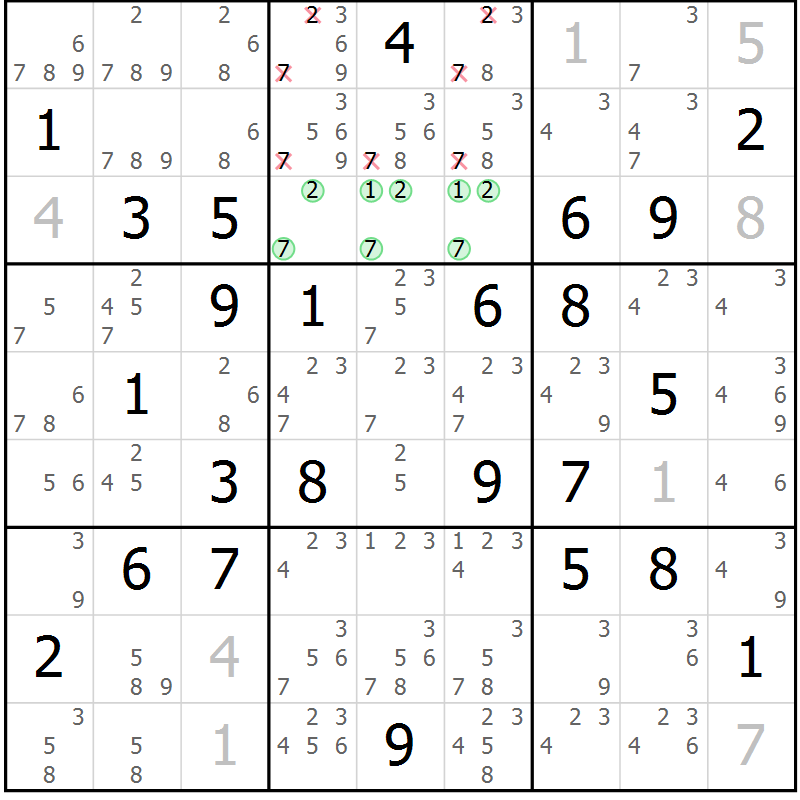 Position des candidats pour la solution de la Gr 75 page 78 du magazine de sudoku Maestro n° 100