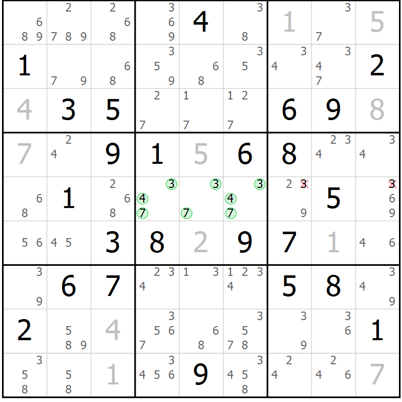 Position des candidats pour la solution de la Gr 75 page 78 du magazine de sudoku Maestro n° 100