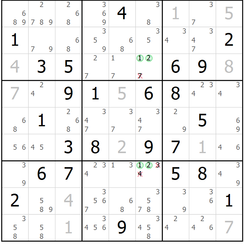 Position des candidats pour la solution de la Gr 75 page 78 du magazine de sudoku Maestro n° 100