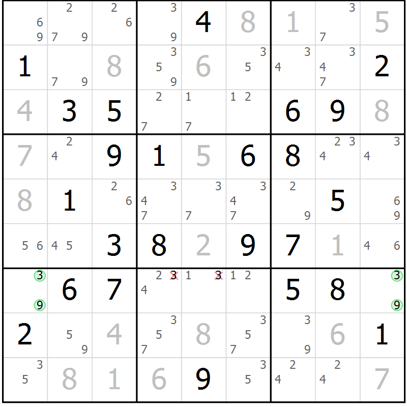 Position des candidats pour la solution de la Gr 75 page 78 du magazine de sudoku Maestro n° 100