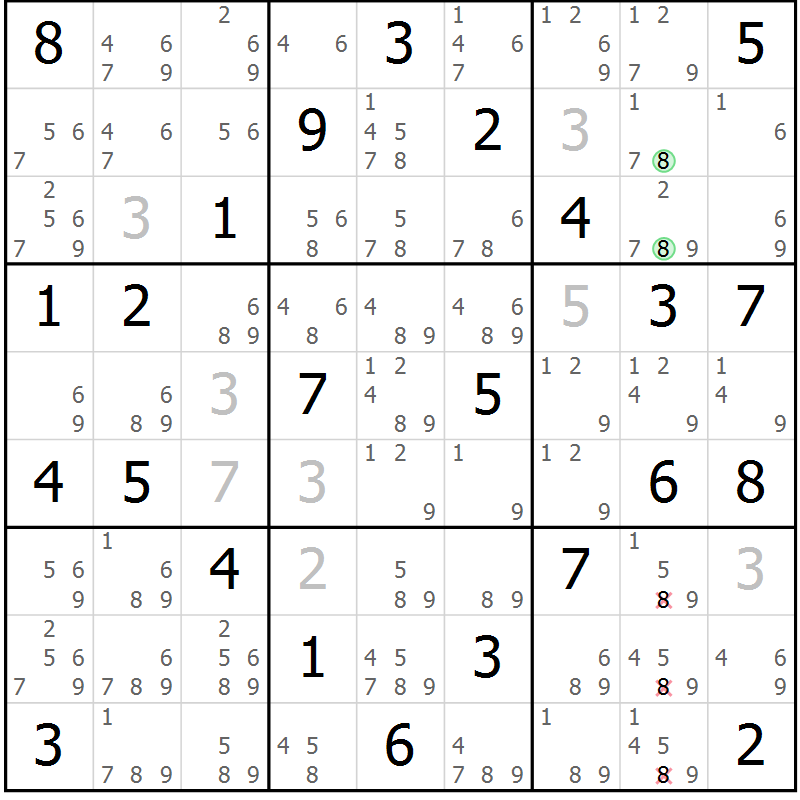 Position des candidats pour la solution de la Gr 76 page 79 du magazine de sudoku Maestro n° 100