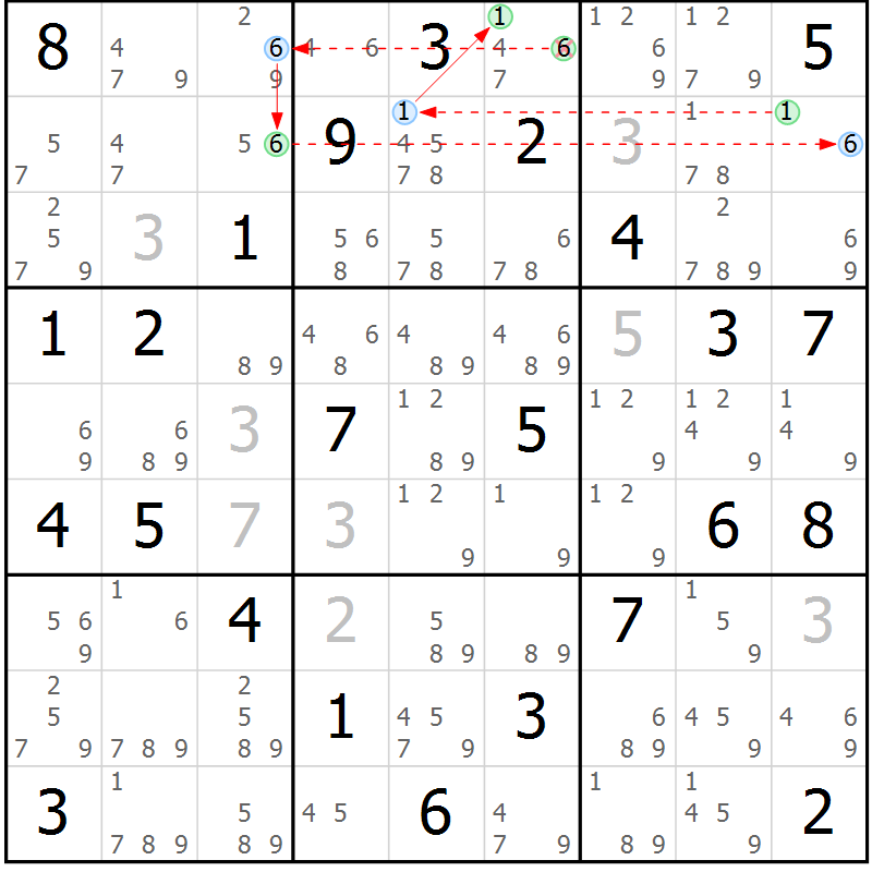 Position des candidats pour la solution de la Gr 76 page 79 du magazine de sudoku Maestro n° 100