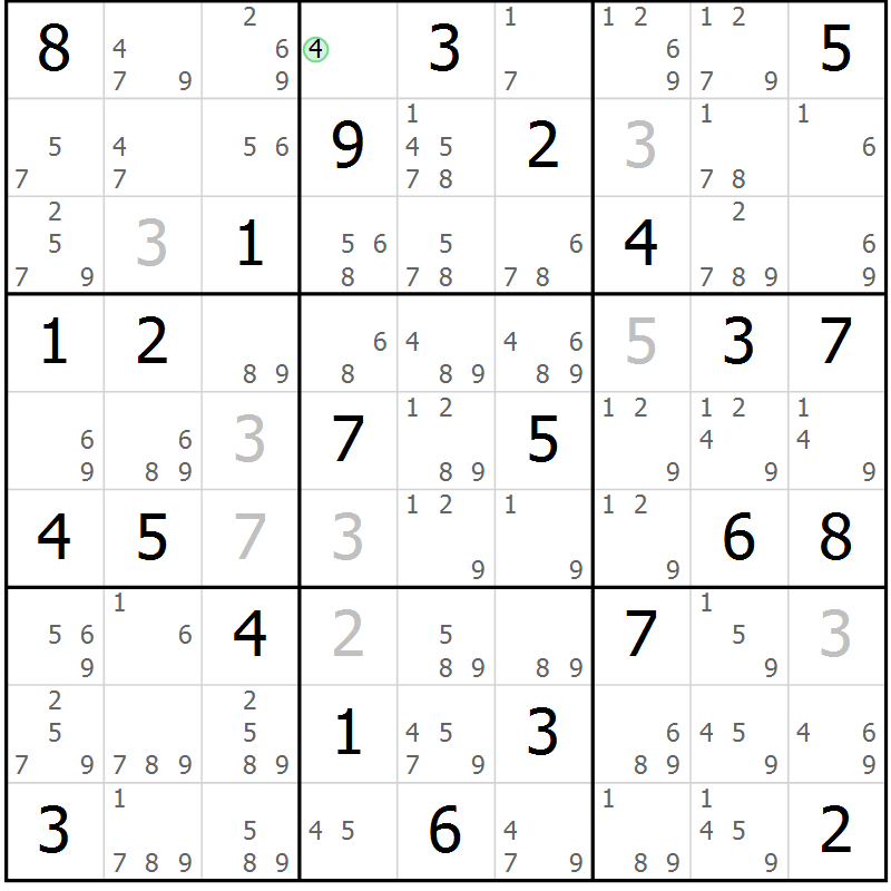 Position des candidats pour la solution de la Gr 76 page 79 du magazine de sudoku Maestro n° 100