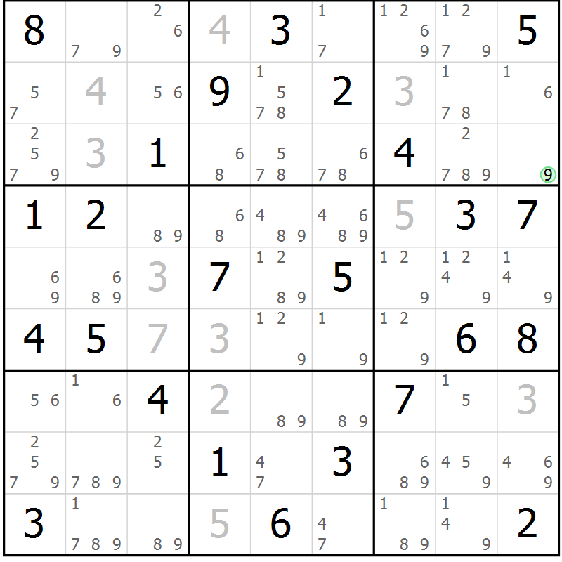 Position des candidats pour la solution de la Gr 76 page 79 du magazine de sudoku Maestro n° 100