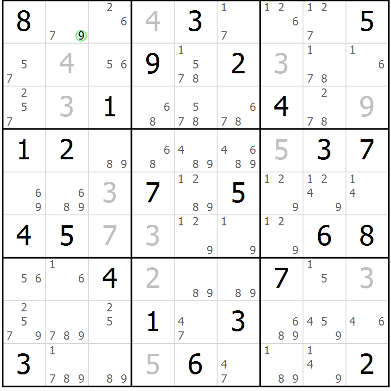 Position des candidats pour la solution de la Gr 76 page 79 du magazine de sudoku Maestro n° 100