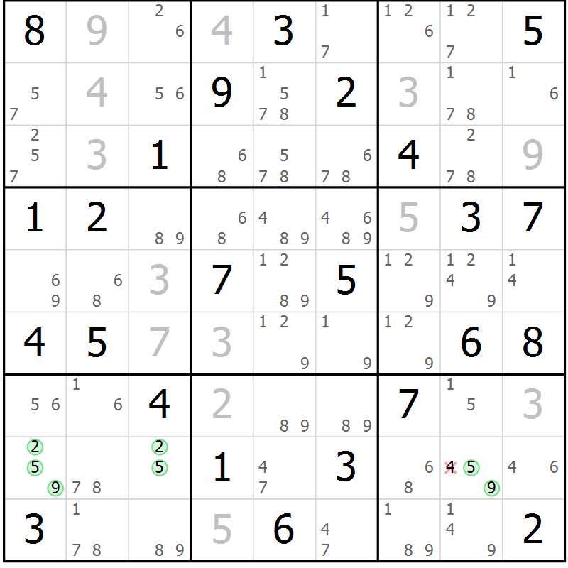 Position des candidats pour la solution de la Gr 76 page 79 du magazine de sudoku Maestro n° 100