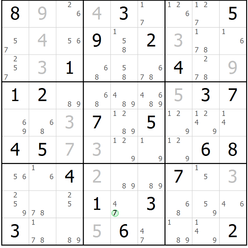 Position des candidats pour la solution de la Gr 76 page 79 du magazine de sudoku Maestro n° 100