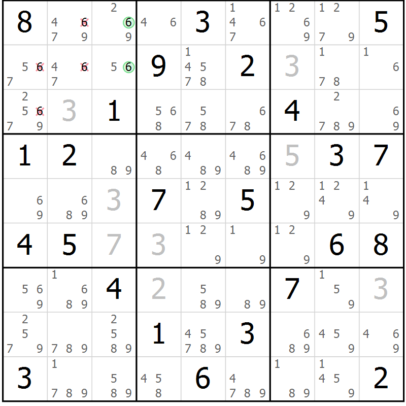 Position des candidats pour la solution de la Gr 76 page 79 du magazine de sudoku Maestro n° 100