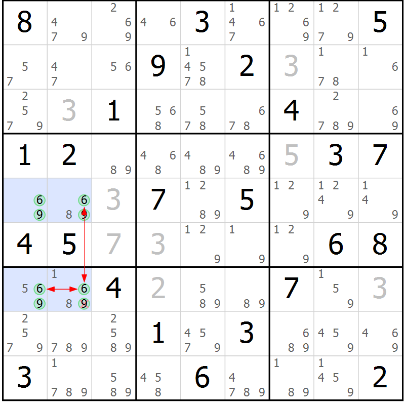 Position des candidats pour la solution de la Gr 76 page 79 du magazine de sudoku Maestro n° 100