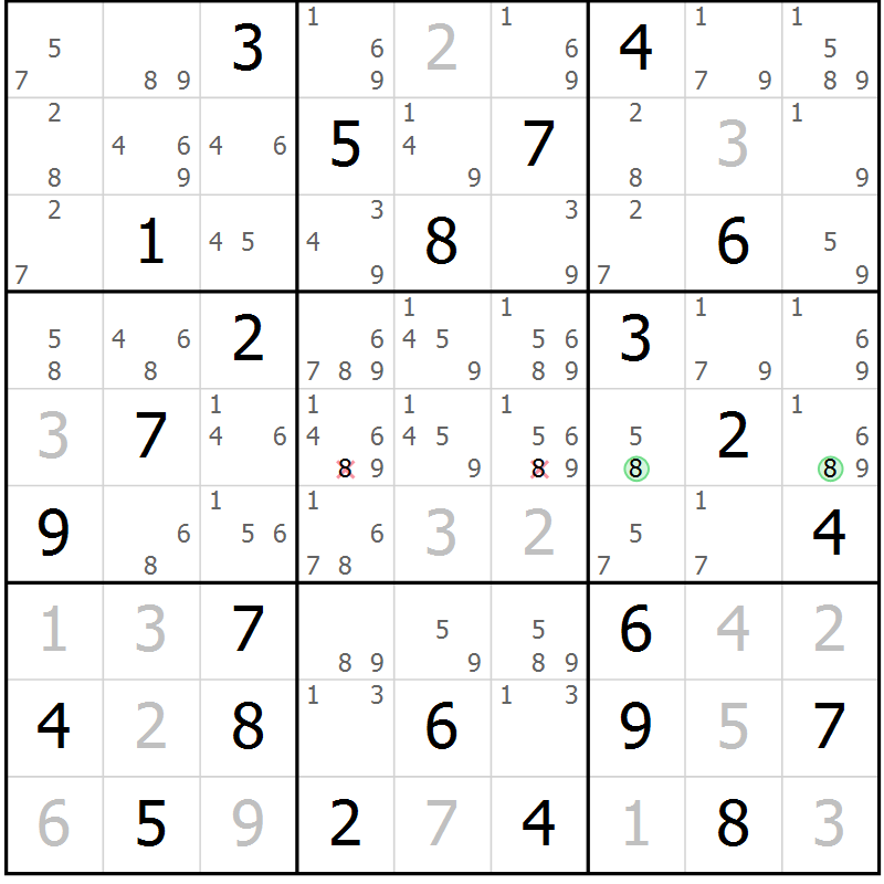 Position des candidats pour la solution de la Gr 77 page 80 du magazine de sudoku Maestro n° 100