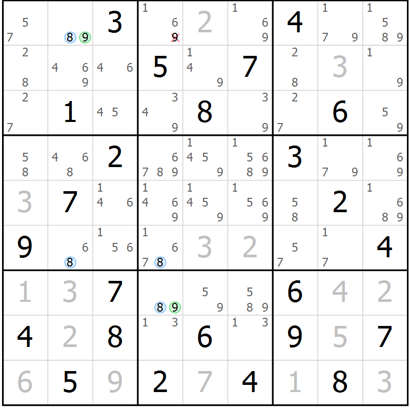 Position des candidats pour la solution de la Gr 77 page 80 du magazine de sudoku Maestro n° 100