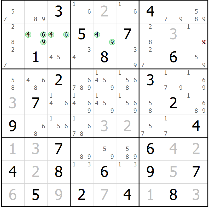 Position des candidats pour la solution de la Gr 77 page 80 du magazine de sudoku Maestro n° 100