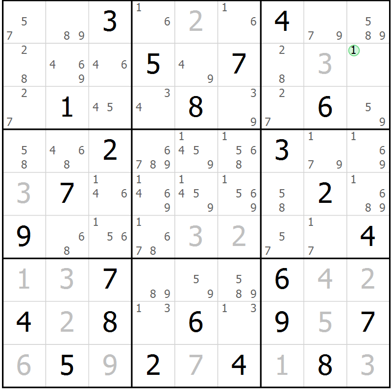 Position des candidats pour la solution de la Gr 77 page 80 du magazine de sudoku Maestro n° 100