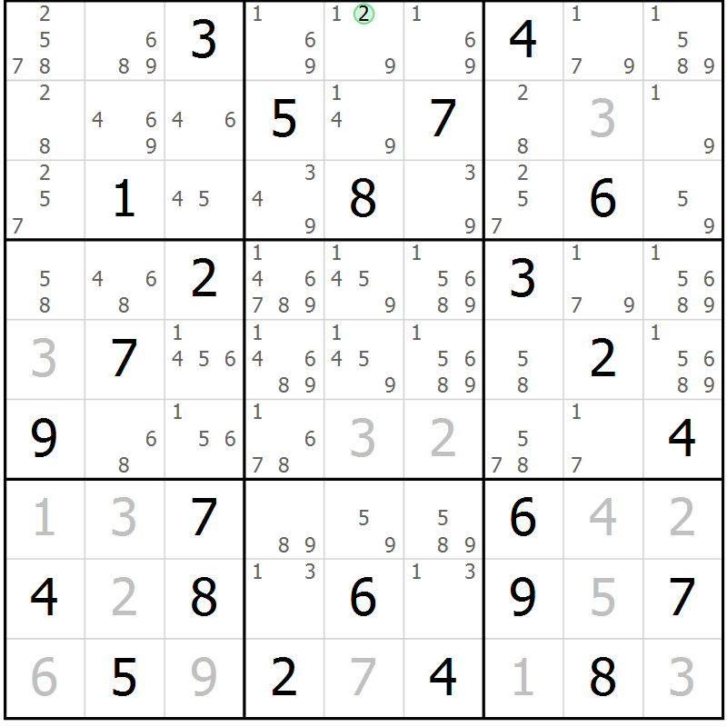 Position des candidats pour la solution de la Gr 77 page 80 du magazine de sudoku Maestro n° 100