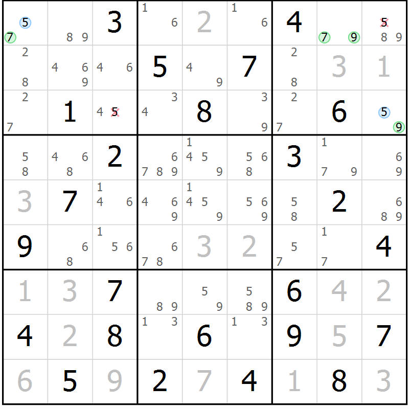 Position des candidats pour la solution de la Gr 77 page 80 du magazine de sudoku Maestro n° 100