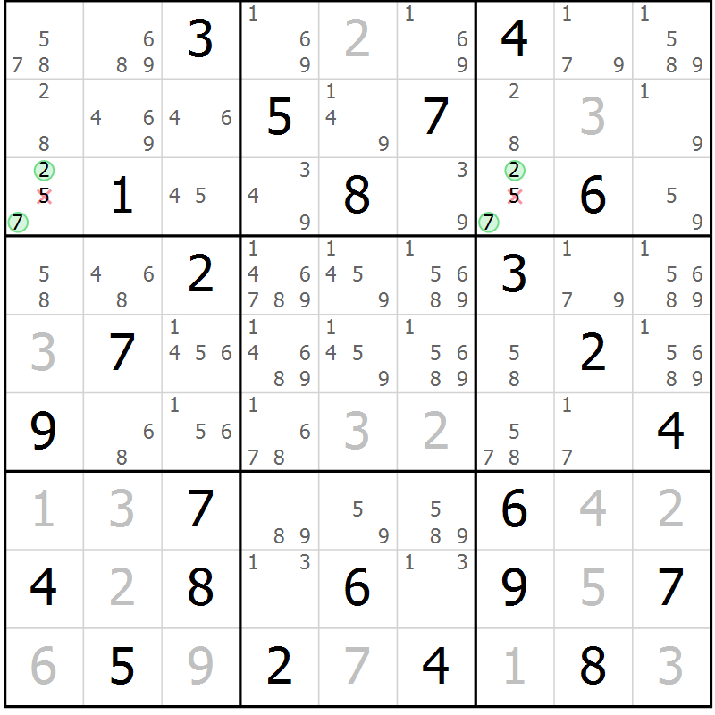 Position des candidats pour la solution de la Gr 77 page 80 du magazine de sudoku Maestro n° 100