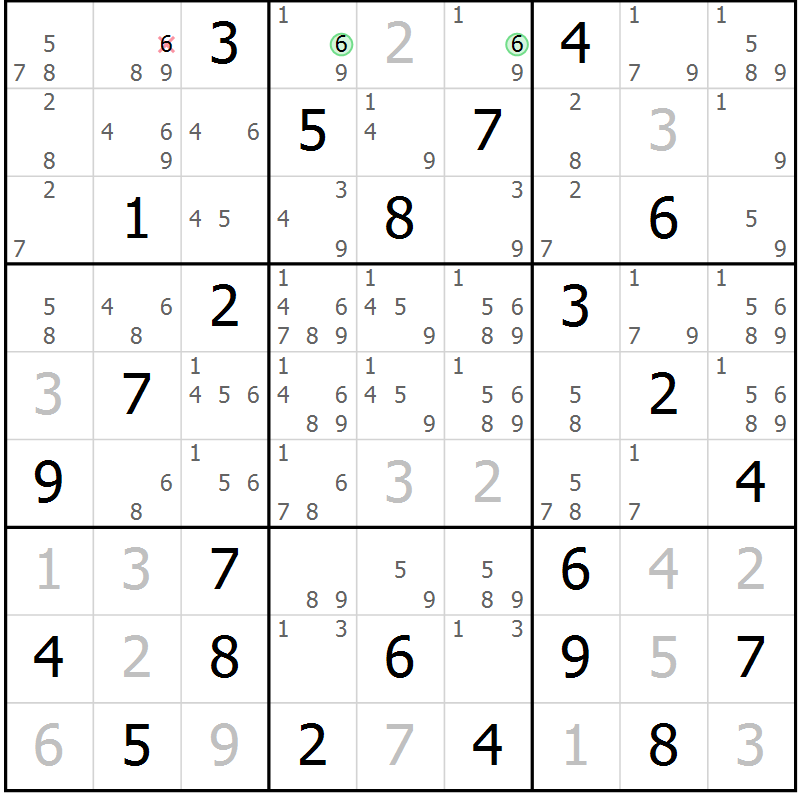 Position des candidats pour la solution de la Gr 77 page 80 du magazine de sudoku Maestro n° 100