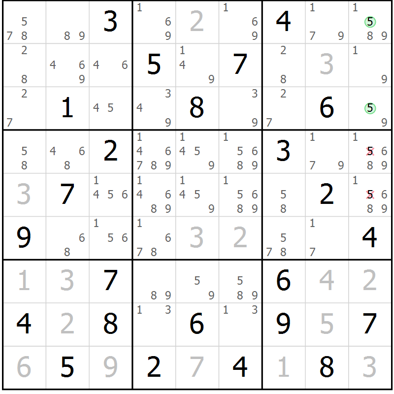 Position des candidats pour la solution de la Gr 77 page 80 du magazine de sudoku Maestro n° 100