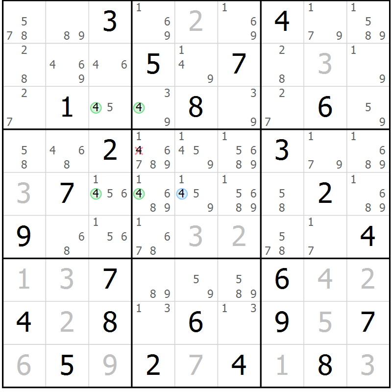 Position des candidats pour la solution de la Gr 77 page 80 du magazine de sudoku Maestro n° 100