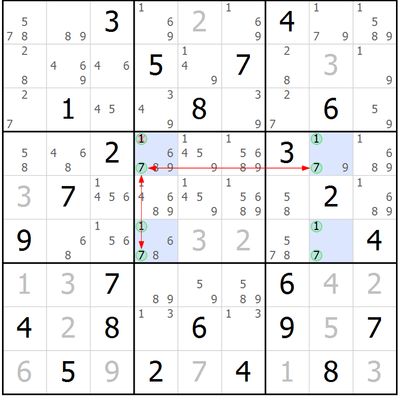 Position des candidats pour la solution de la Gr 77 page 80 du magazine de sudoku Maestro n° 100