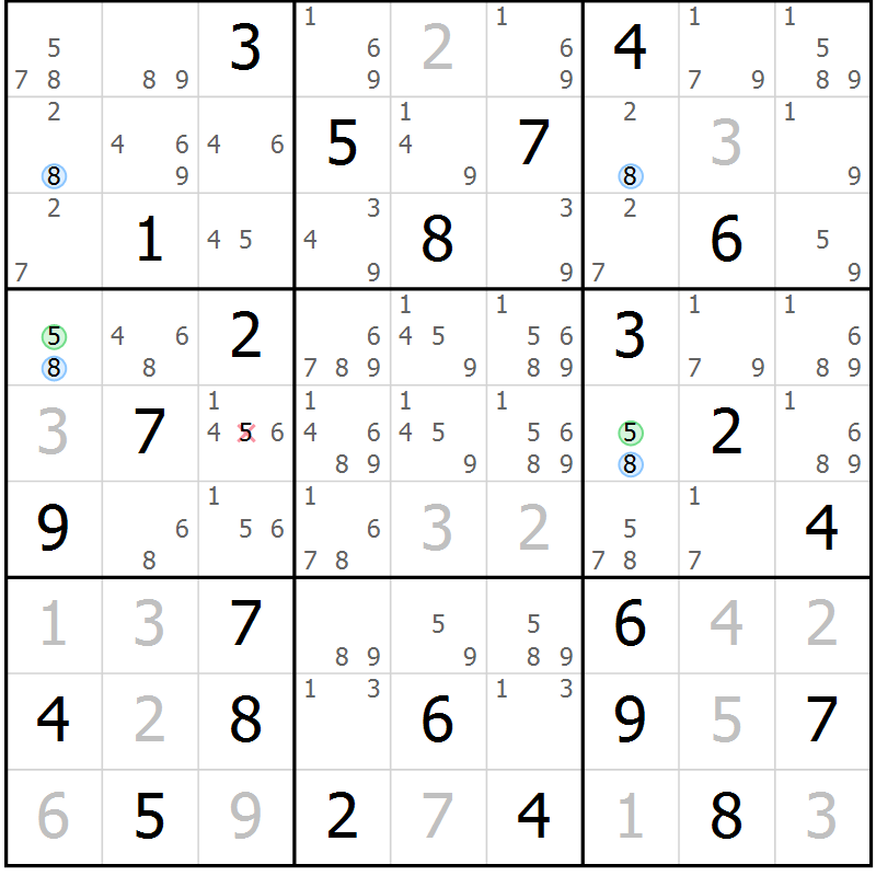 Position des candidats pour la solution de la Gr 77 page 80 du magazine de sudoku Maestro n° 100