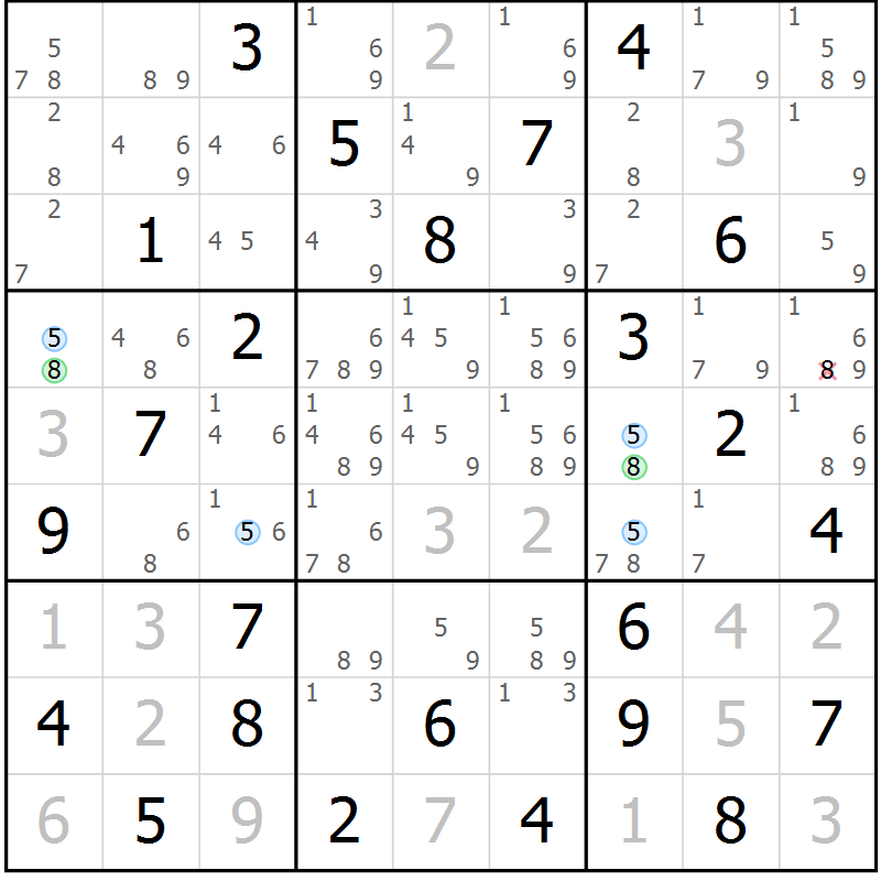 Position des candidats pour la solution de la Gr 77 page 80 du magazine de sudoku Maestro n° 100