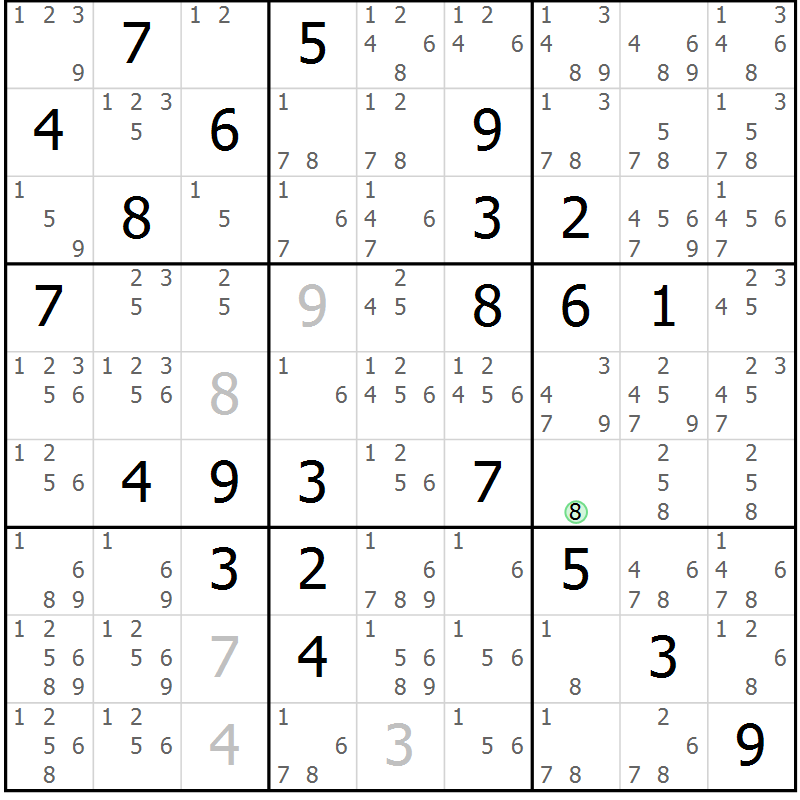 Position des candidats pour la solution de la Gr 78 page 81 du magazine de sudoku Maestro n° 100