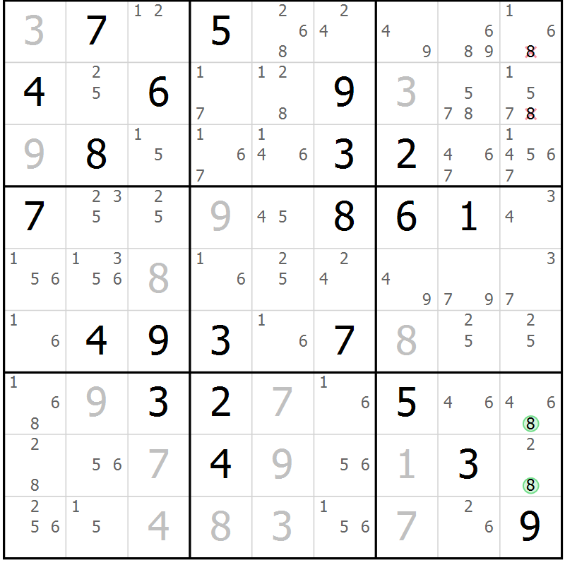 Position des candidats pour la solution de la Gr 78 page 81 du magazine de sudoku Maestro n° 100