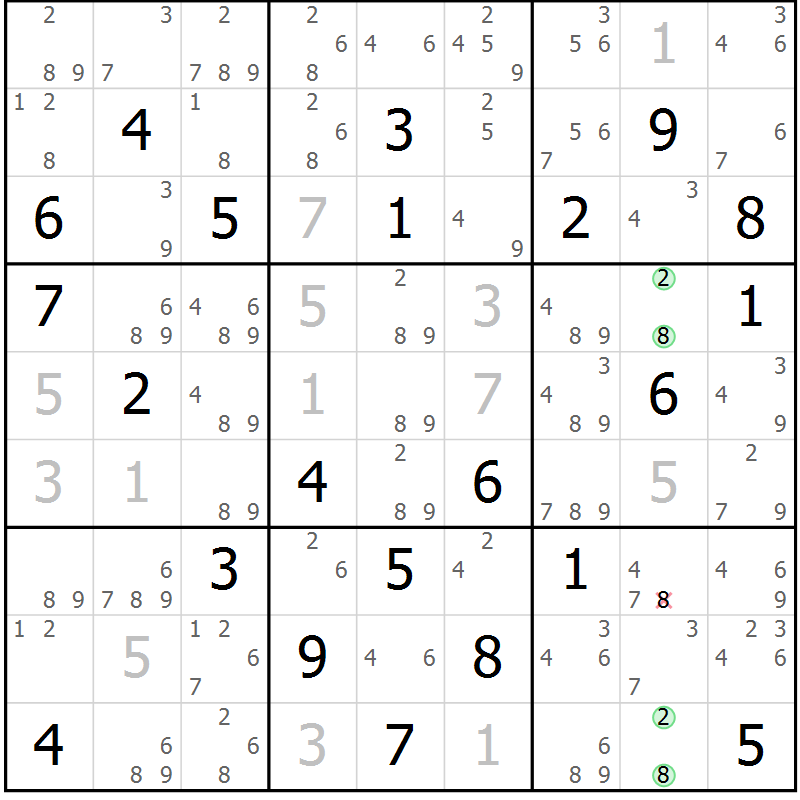 Position des candidats pour la solution de la Gr 79 page 82 du magazine de sudoku Maestro n° 100