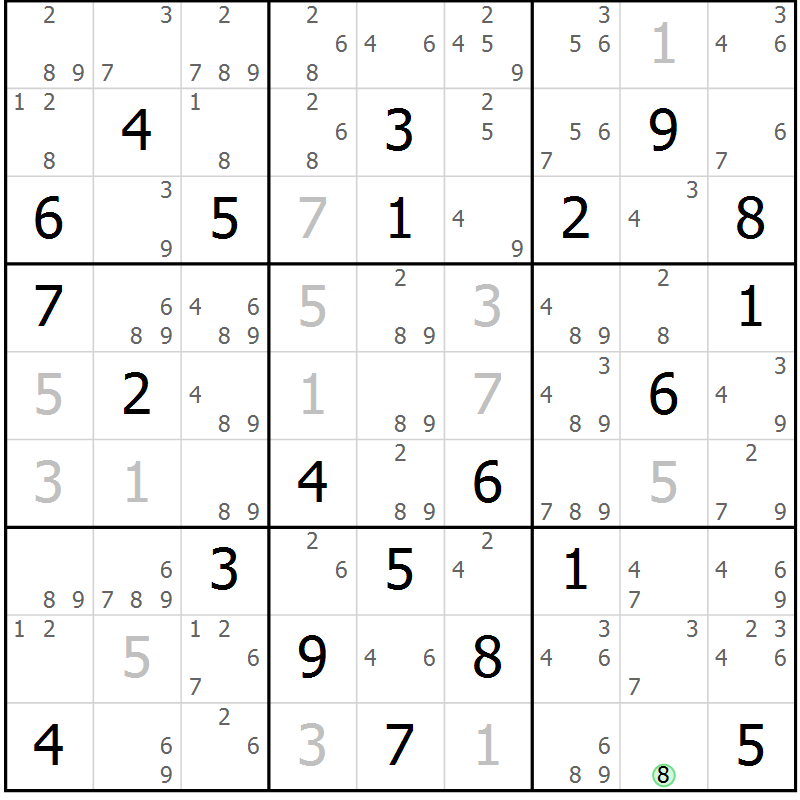 Position des candidats pour la solution de la Gr 79 page 82 du magazine de sudoku Maestro n° 100