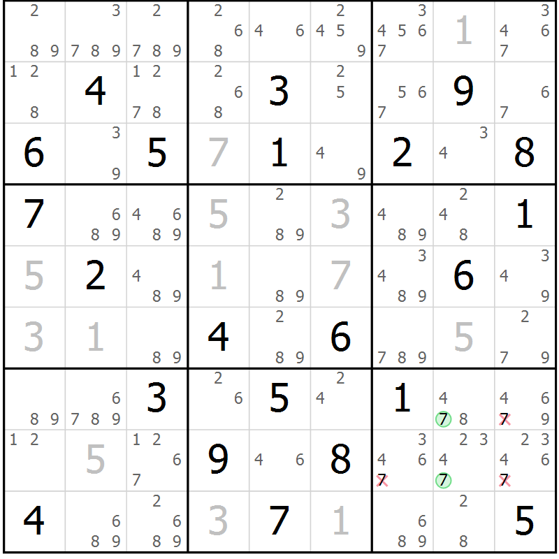 Position des candidats pour la solution de la Gr 79 page 82 du magazine de sudoku Maestro n° 100
