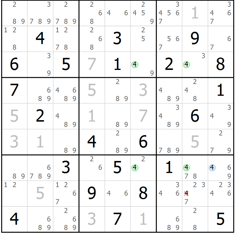 Position des candidats pour la solution de la Gr 79 page 82 du magazine de sudoku Maestro n° 100