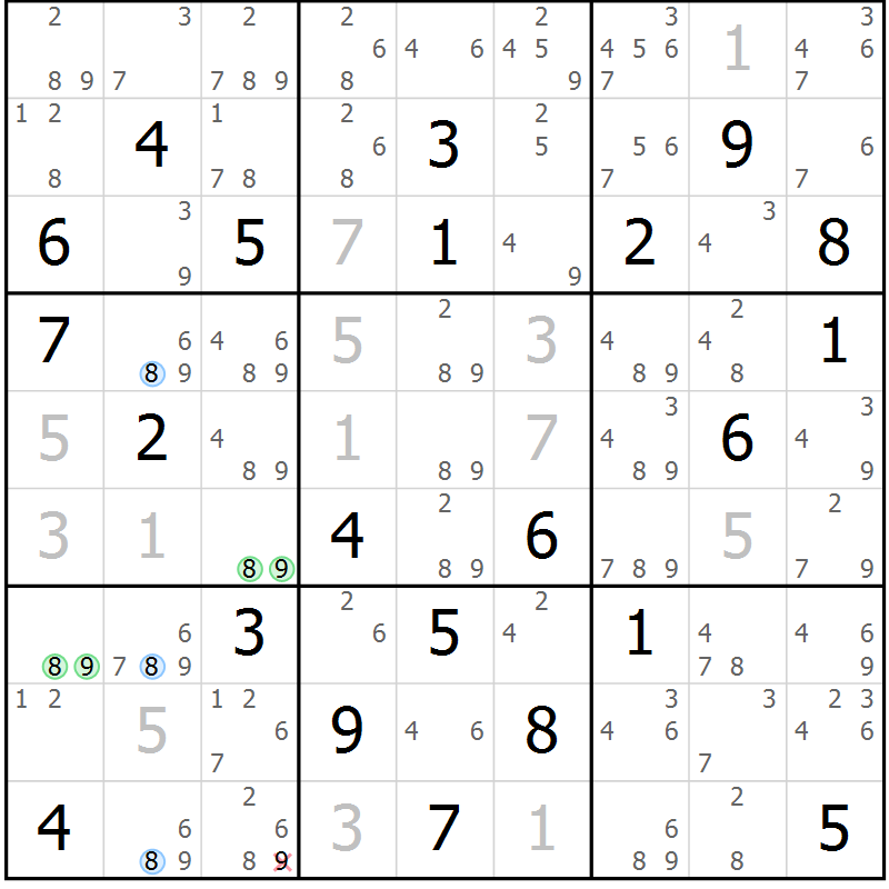 Position des candidats pour la solution de la Gr 79 page 82 du magazine de sudoku Maestro n° 100