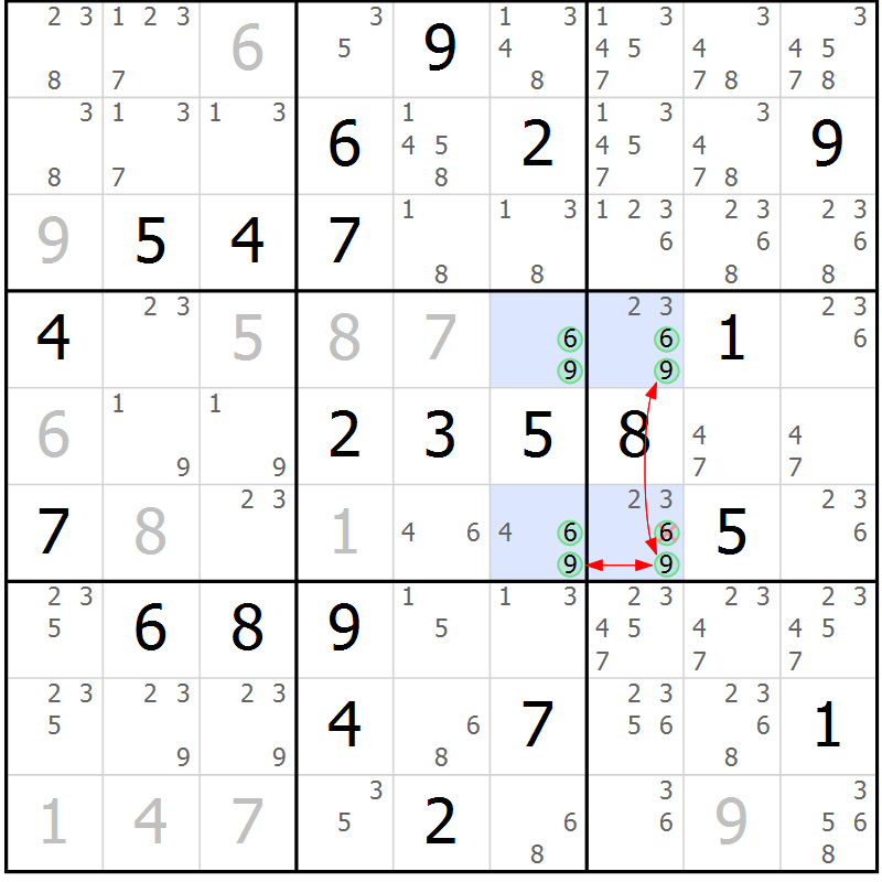 Position des candidats pour la solution de la Gr 8 page 11 du magazine de sudoku Maestro n° 100