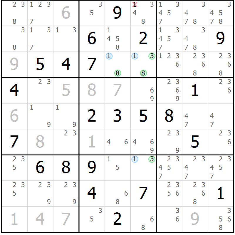 Position des candidats pour la solution de la Gr 8 page 11 du magazine de sudoku Maestro n° 100