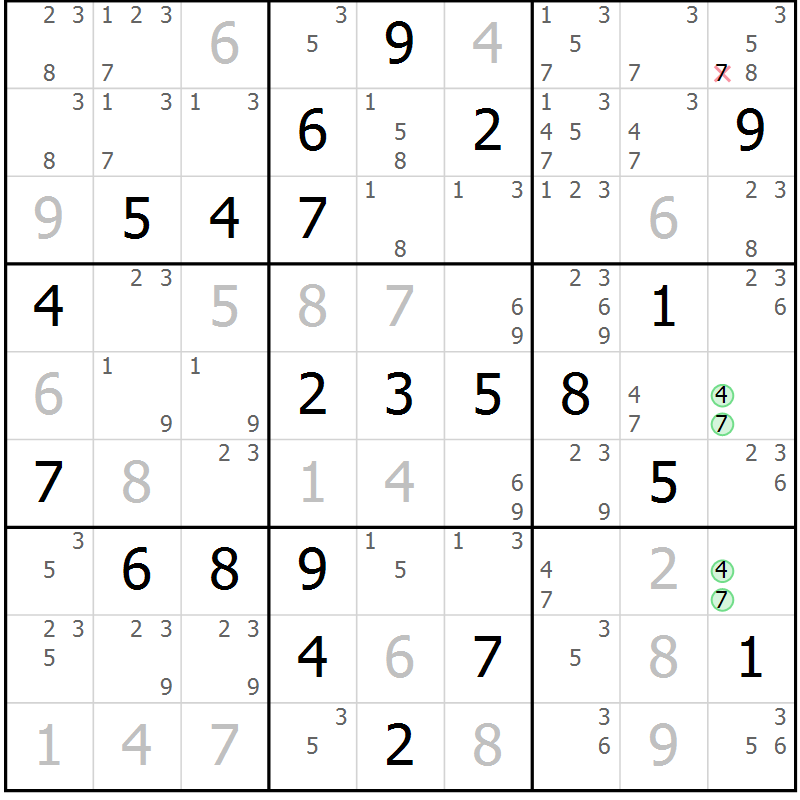 Position des candidats pour la solution de la Gr 8 page 11 du magazine de sudoku Maestro n° 100