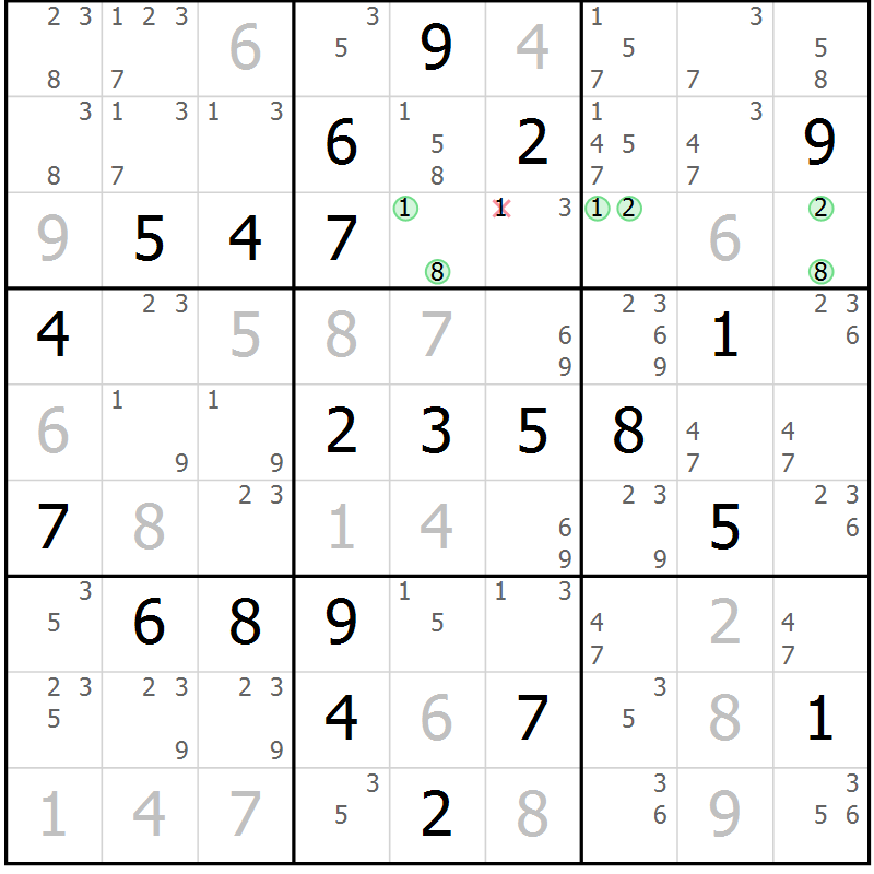 Position des candidats pour la solution de la Gr 8 page 11 du magazine de sudoku Maestro n° 100