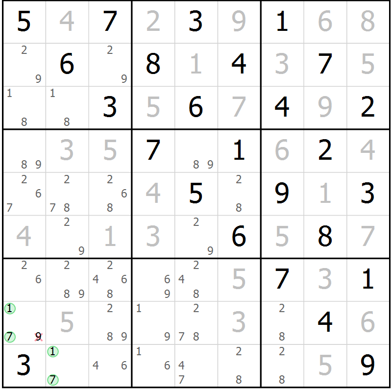 Position des candidats pour la solution de la Gr 80 page 83 du magazine de sudoku Maestro n° 100