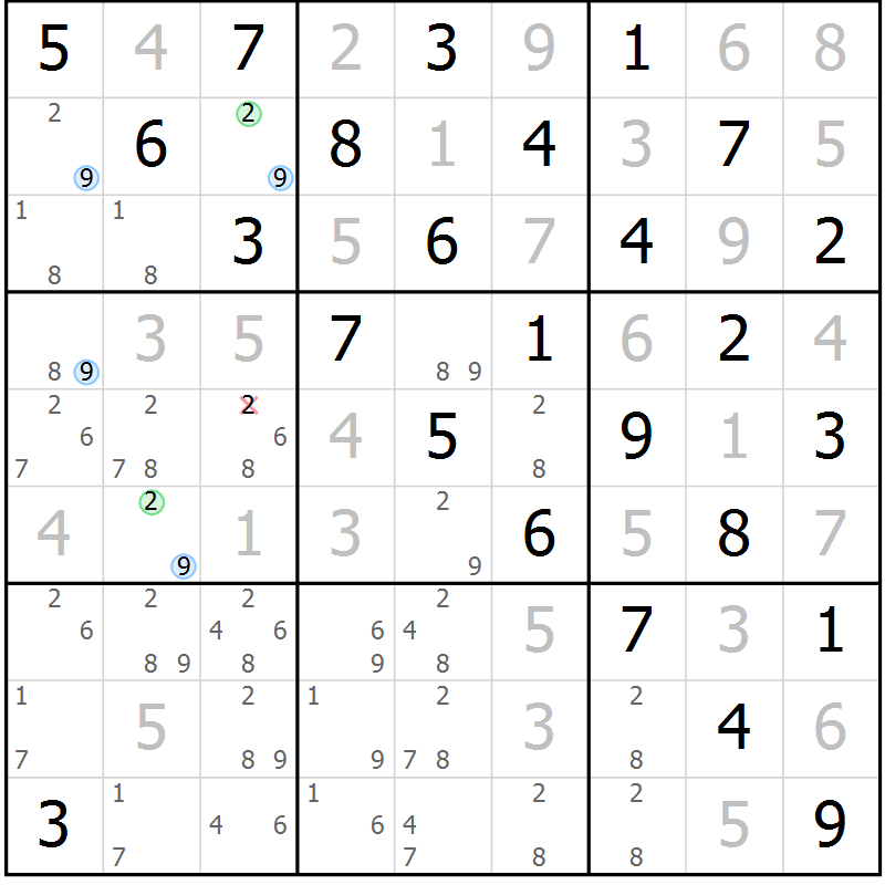 Position des candidats pour la solution de la Gr 80 page 83 du magazine de sudoku Maestro n° 100