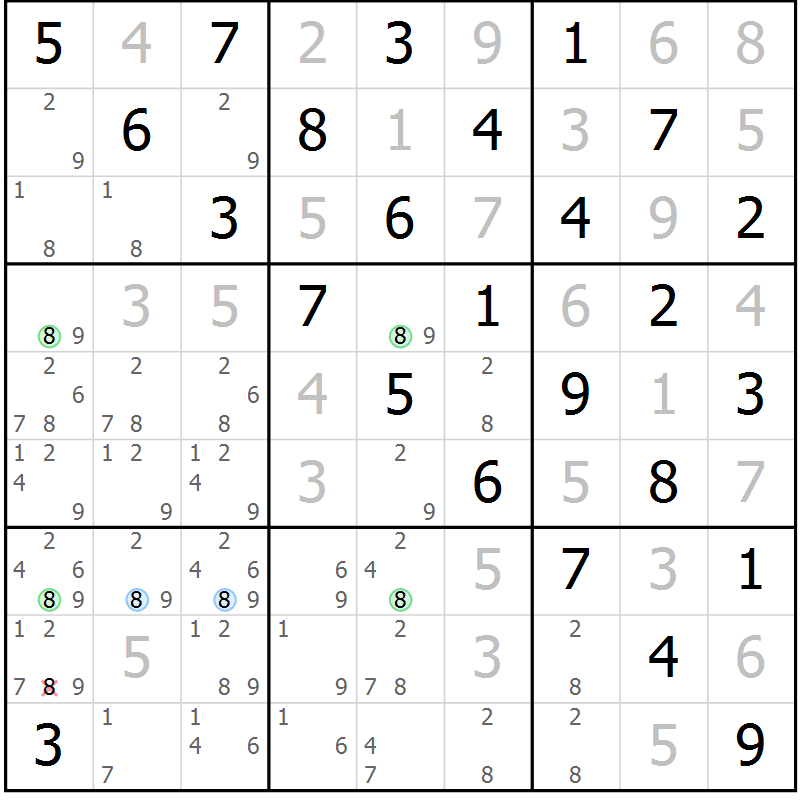 Position des candidats pour la solution de la Gr 80 page 83 du magazine de sudoku Maestro n° 100