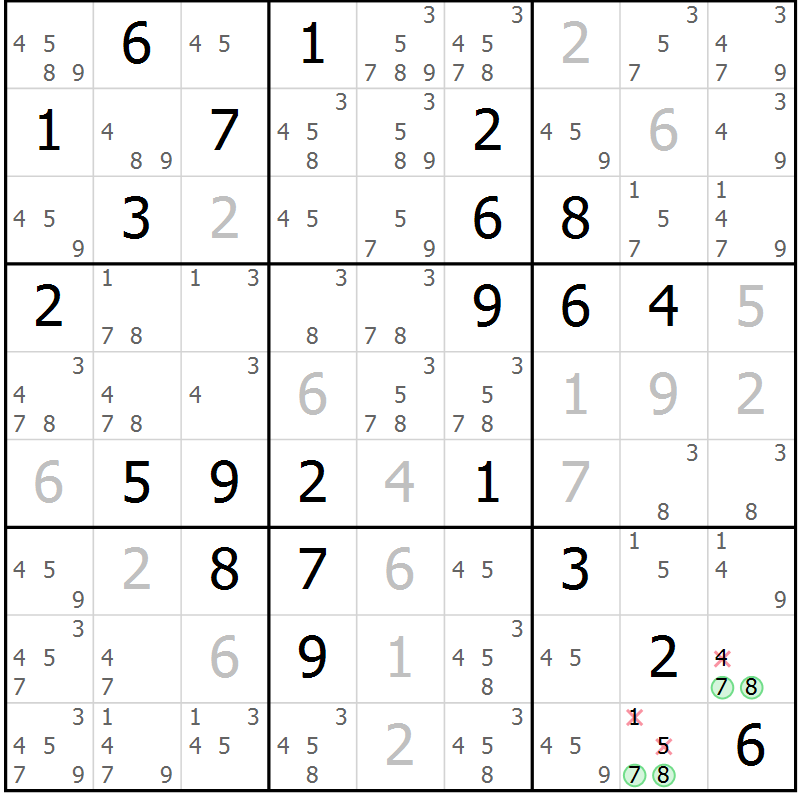 Position des candidats pour la solution de la Gr 81 page 84 du magazine de sudoku Maestro n° 100