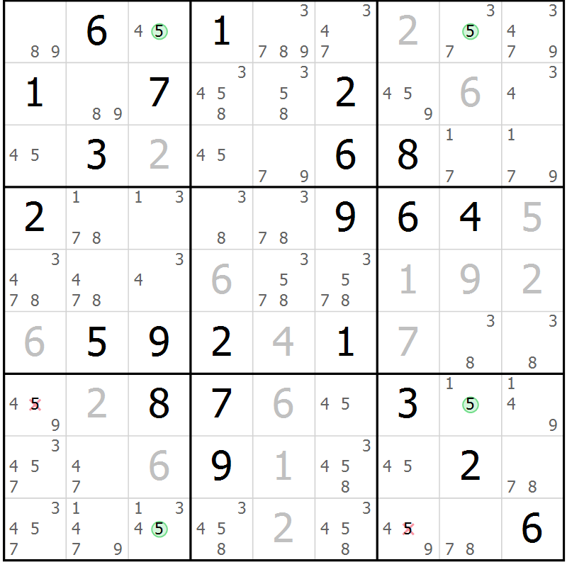 Position des candidats pour la solution de la Gr 81 page 84 du magazine de sudoku Maestro n° 100