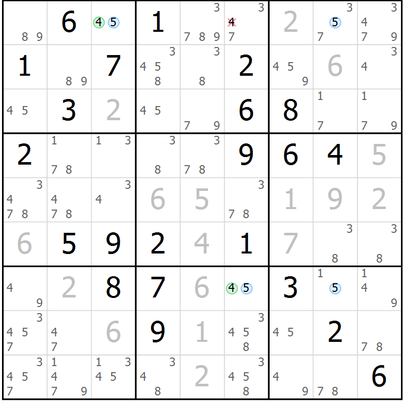 Position des candidats pour la solution de la Gr 81 page 84 du magazine de sudoku Maestro n° 100