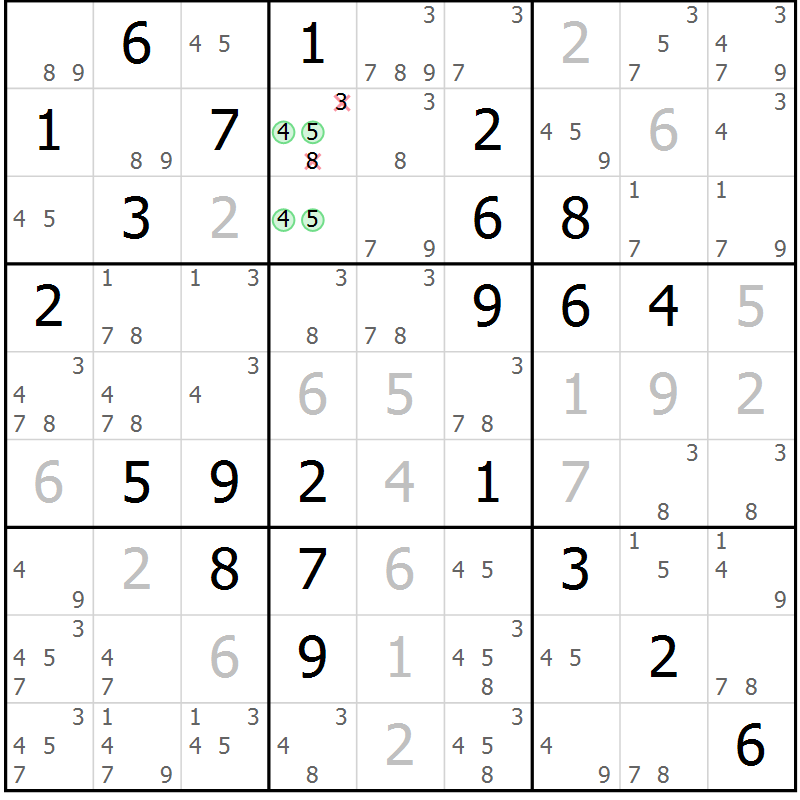 Position des candidats pour la solution de la Gr 81 page 84 du magazine de sudoku Maestro n° 100