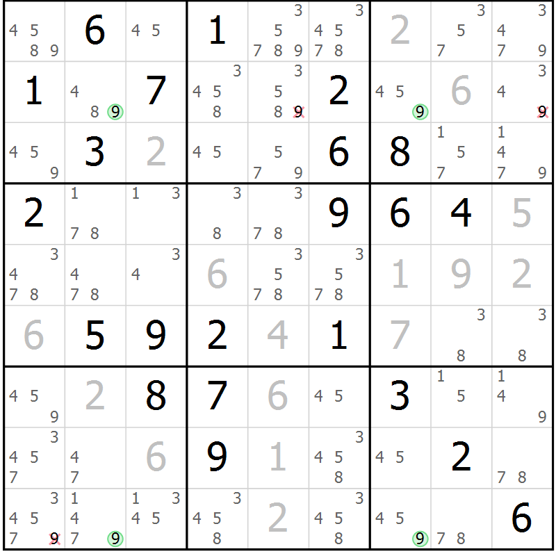 Position des candidats pour la solution de la Gr 81 page 84 du magazine de sudoku Maestro n° 100
