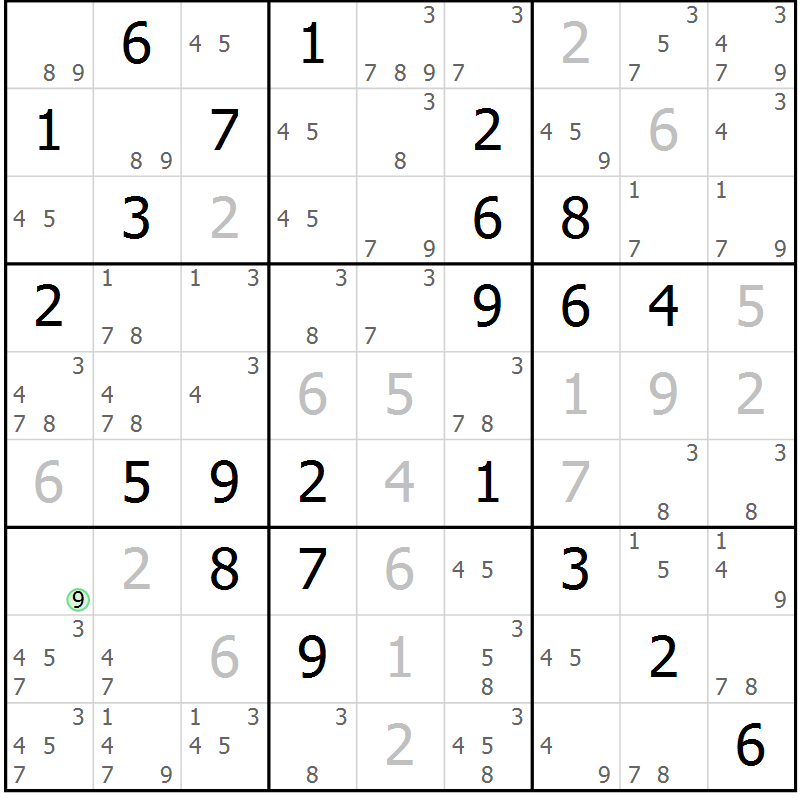 Position des candidats pour la solution de la Gr 81 page 84 du magazine de sudoku Maestro n° 100