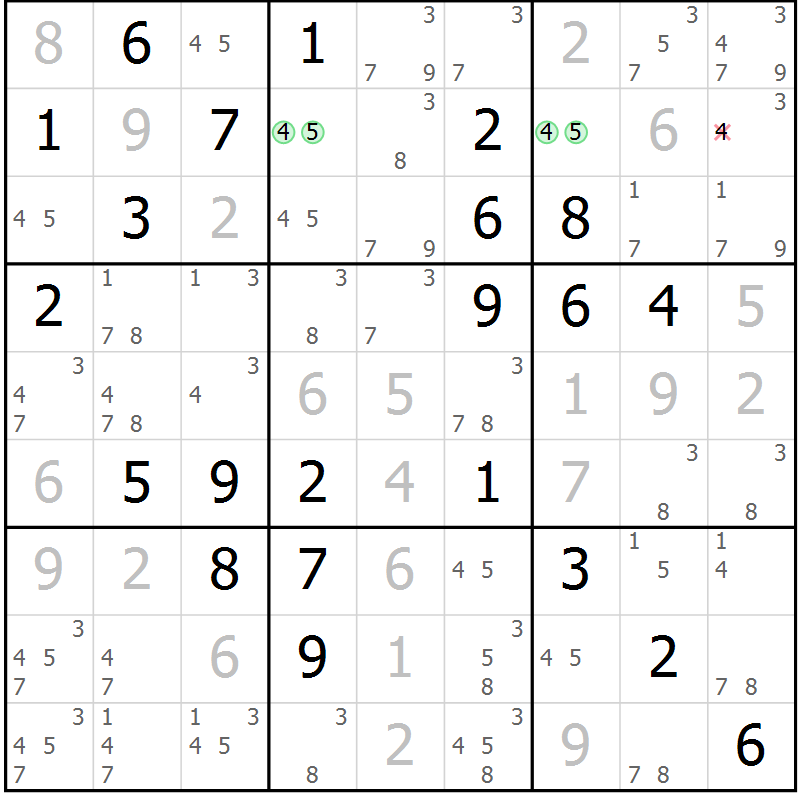 Position des candidats pour la solution de la Gr 81 page 84 du magazine de sudoku Maestro n° 100