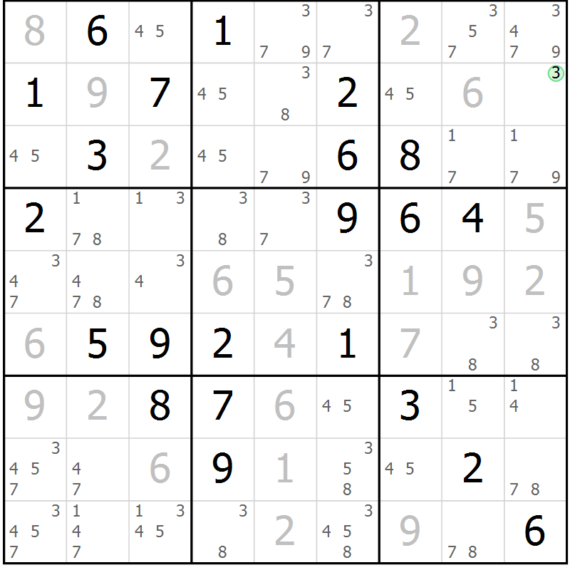 Position des candidats pour la solution de la Gr 81 page 84 du magazine de sudoku Maestro n° 100