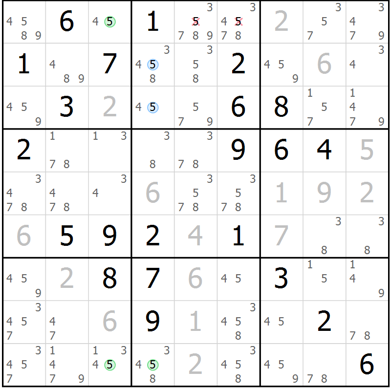 Position des candidats pour la solution de la Gr 81 page 84 du magazine de sudoku Maestro n° 100